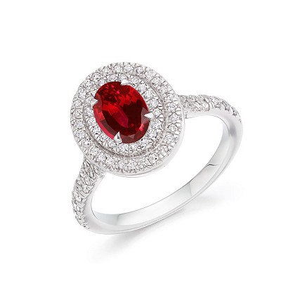 White Gold Ruby & Diamond Oval & Round Brilliant Cut Cluster Ring