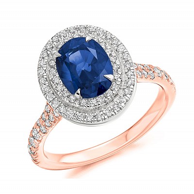 Oval Sapphire with Double Diamond Halo & Shoulders