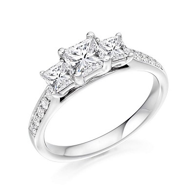 Princess Round Brilliant Cut Diamond Trilgoy Ring with Diamond Shoulders